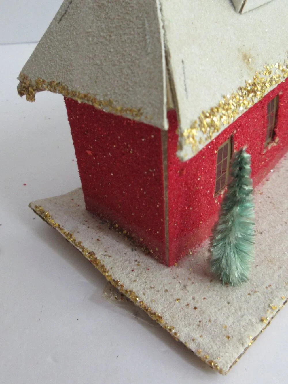 3 Putz Japan Cardboard Christmas Village Red Houses Church, Bottle Brush Trees